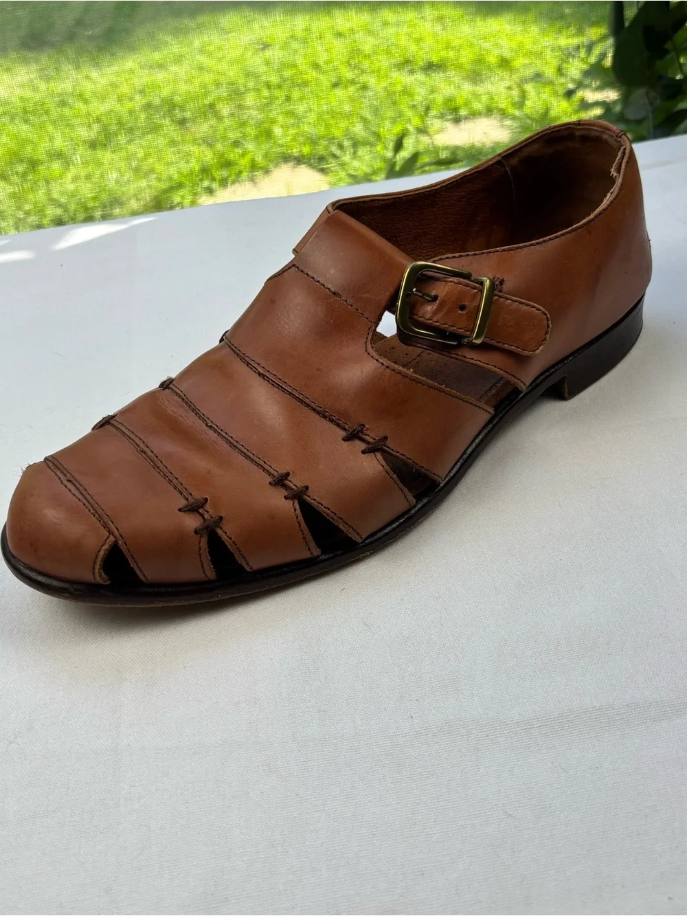 Bass Muzi Loafers British Tan Men’s Size 12 Leather Monk Strap Sandals w/Buckle
